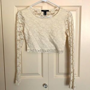 Forever 21 cream floral long sleeve crop top